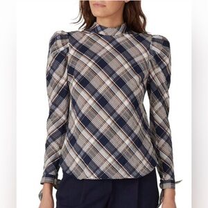 Veronica Beard Plaid Puff Sleeve Button Back Mock Neck Blouse Size 8